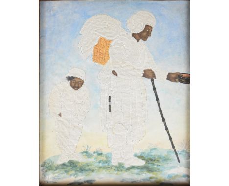 19thC pricked paper and watercolor of a black man and child, the man holding a stick and alms bowl, in rosewood frame, 22 x 1