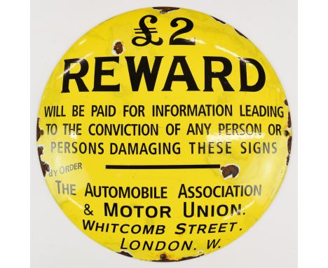 Automobile Association style enamel &pound;2 reward circular sign, of vintage or classic car interest, diameter 30cm