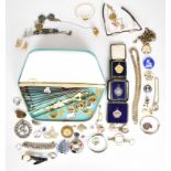 A collection of jewellery including silver brooch, silver ring set with calibre cut sapphires and