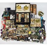 A collection of costume jewellery including silver earrings, watches, etc