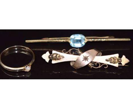 A yellow metal ring set with a pearl, Victorian 9ct gold brooch set with a diamond (Chester 1900) and a 9ct gold brooch, 6.4g