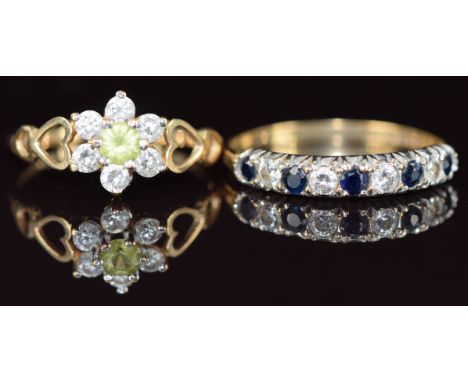 Two 9ct gold rings, one set with sapphires and cubic zirconia and the other peridot and cubic zirconia, 2.4g, sizes M &amp; P