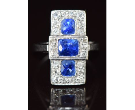 Art Deco 18ct white gold ring set with three cushion cut sapphires of approximately 1ct, 0.5t &amp; 0.5ct surrounded by diamo