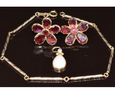 A pair of Victorian earrings set with foiled garnets in a floral cluster (4g, 16.5mm), 9ct gold bi-coloured bracelet (3.2g, 1