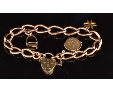 A 9ct rose gold bracelet made up of oval twisted links with two 9ct gold charms and a yellow metal Maltese cross, 20g, 18cm