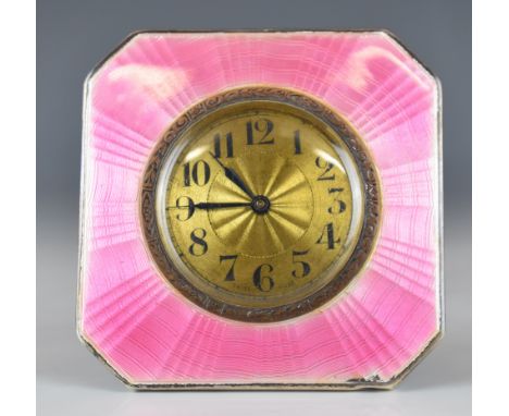 Art Deco hallmarked silver and pink guilloch&eacute; enamel dressing table clock with easel back, Birmingham 1930, maker&nbsp