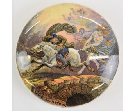 Prattware pot lid depicting Tam O' Shanter, diameter 10.5cm