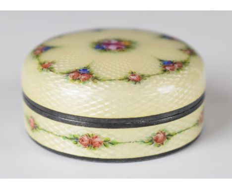 Continental silver and guilloch&eacute; enamel dressing table pot with cream and floral decoration, marked WR 935 sterling, d