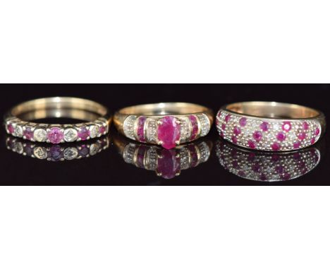 Three 9ct gold rings set with rubies and diamonds, 6g, sizes M &amp; K