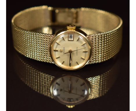 Omega 9ct gold ladies automatic wristwatch ref. 762.5881 with date aperture, black hands, two-tone hour markers, silver dial 