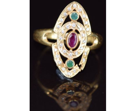 An 18ct gold ring set with a ruby, emerald and cubic zirconia (damaged), 2.9g, size U