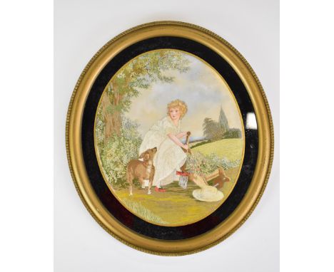 19th century needlework or tapestry picture of a lady in a garden with a wheelbarrow of flowers, with her hat on the ground a