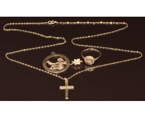 A 9ct gold pendant in the form of a lady, 9ct gold ring set with a diamond (size M), 9ct gold cross and chain (5.2g) and a 14