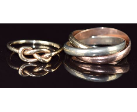 A 9ct gold love knot ring and a 9ct gold tri-coloured Russian style wedding band / ring, 6g, sizes M &amp; J