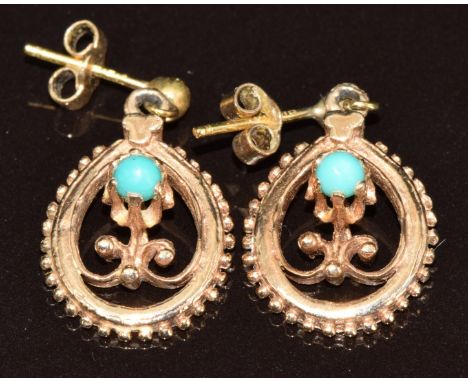 A pair of 9ct gold earrings set with turquoise, 3.4g, 1.6cm