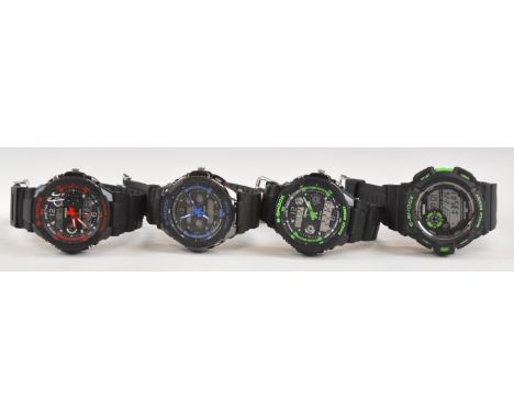 Four SKMEI S-Shock Casio G-Shock style gentleman's wristwatches comprising two black and green, one black and red and one bla