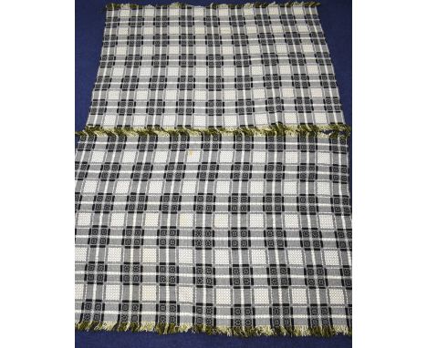 Pair of vintage Welsh tapestry woollen blankets woven in the pale blue, green, white and black Knot Garden pattern, each 180 