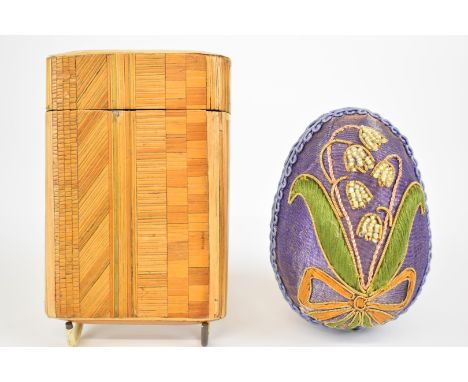 19th century straw work playing card case and an embroidered and beadwork egg, the case 12 x 8cm