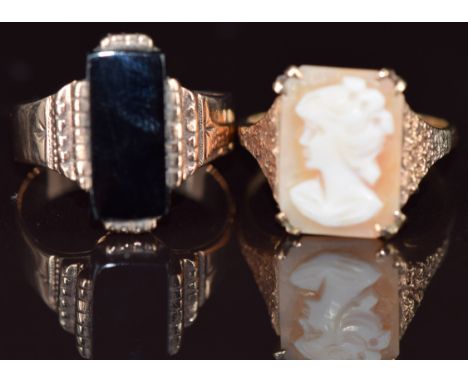 A 9ct gold ring set with onyx and a 9ct gold ring set with a cameo, 8g, size N