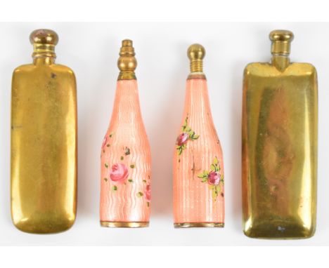 Four 19thC scent / perfume bottles including two guilloch&eacute; enamel examples and two flattened form brass examples, tall