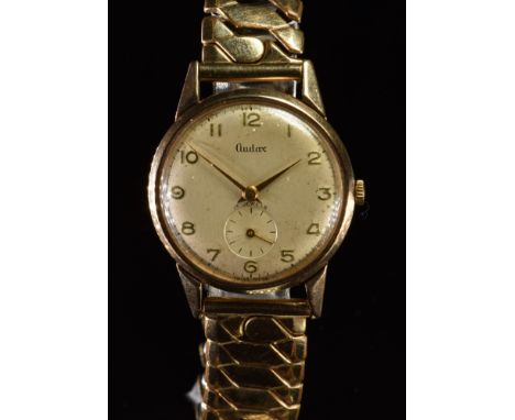 Audax 9ct gold gentleman's wristwatch with inset subsidiary seconds dial, gold hands and Arabic numerals, silver dial and sig