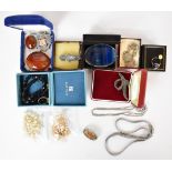 A collection of jewellery including jet necklace, silver ring set with marcasite, agate brooch,