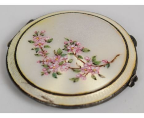 Art Deco style hallmarked silver and guilloch&eacute; enamel compact with floral decoration, Birmingham 1938, maker&nbsp;Henr