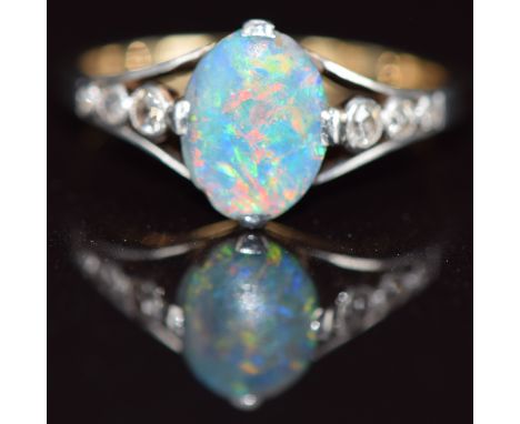 Art Deco 18ct gold ring set with a black opal and diamonds in a platinum setting, 2.3g, size K