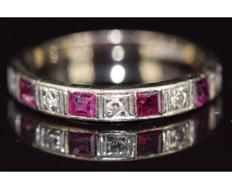 Art Deco 18ct white gold half eternity ring set with calibre cut rubies and diamonds, 2.3g, size K