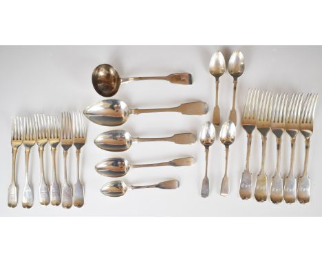 Georgian and later fiddle pattern hallmarked silver cutlery comprising five table forks, six dessert forks, two dessert spoon