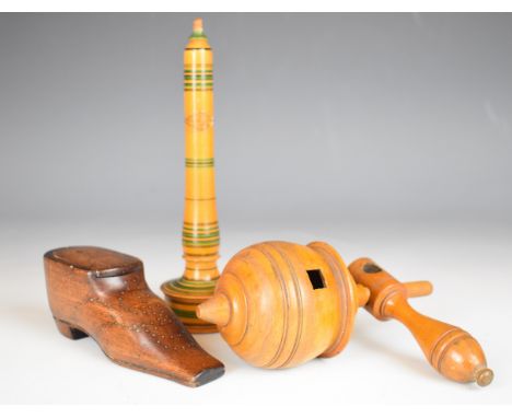 19th century turned wood spinning top and handle, novelty Brighton travelling chamber stick and a studded shoe, height of tal