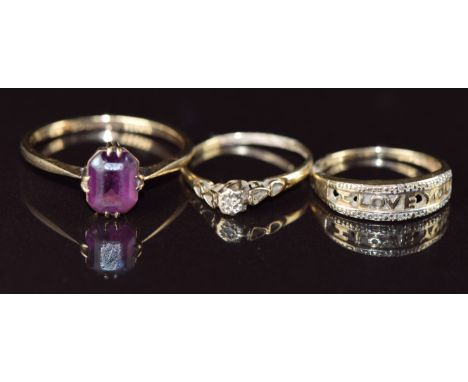 Two 9ct gold rings set with diamonds and a 9ct gold ring set with paste, 4.2g, sizes R &amp; H
