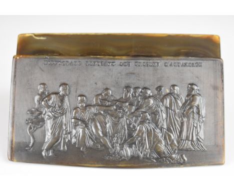 19th century carved horn snuff box with classical scene and phrase above 'hippocrate refusant les pr&eacute;sents d'artaxerx&