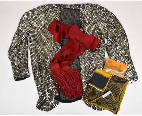 Liberty of London scarf, sequinned jacket and a leather belt by W Carter and Co London. Formerly the property of Gladys Jean 