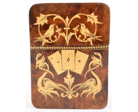 19thC inlaid specimen wood playing card case with card and bird decoration, Tunbridge Ware / micro mosaic and feather banding