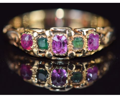 Victorian yellow metal ring set with pink sapphires and tourmalines, 1.5g, size J