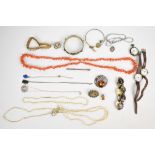 A collection of jewellery including coral necklace, two micro mosaic brooches and bracelet, cultured