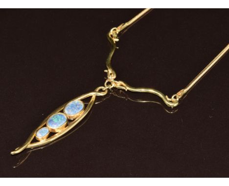 An 18ct gold necklace set with three opal triplets, on 18ct gold snake chain,17.2g, 45cm