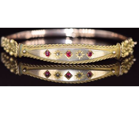 Edwardian 9ct gold bangle set with rubies and diamonds, with rope twist and sphere decoration, Chester 1908, 7.9g, 5 x 6cm