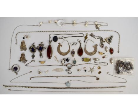 A collection of mainly silver jewellery including Greek key necklace, five clasps, bracelet, Arts &amp; Crafts necklace set w