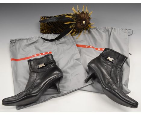 Prada ladies black leather ankle boots, size 38.5, with Prada branded bags and a feather trim hat by Chapeau Bas