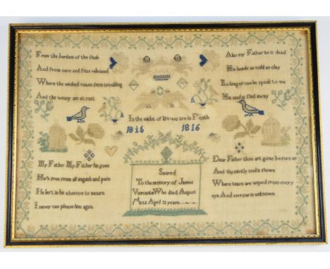 Georgian tapestry sampler with birds, foliage and dated 1816, with dedication to James Viercante, 28 x 40cm, in gilt and ebon