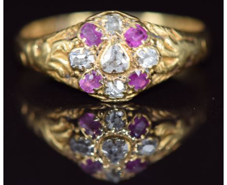 An 18ct gold ring set with pink sapphires and diamonds, London 1868, 2.5g, size N