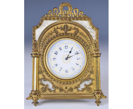 French gilt metal and mother of pearl dressing table clock, the white and blue enamel dial having gilt highlights, with 8 day