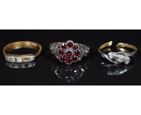 Victorian ring set with Bohemian cut garnets (band cut), and two 18ct gold Art Deco rings set with diamonds in a platinum set