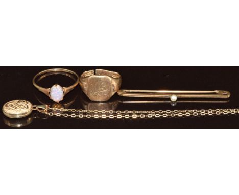 A 9ct gold brooch set with a pearl, 9ct gold signet ring (band cut), 9ct gold ring set with faux opal and a 9ct gold locket a