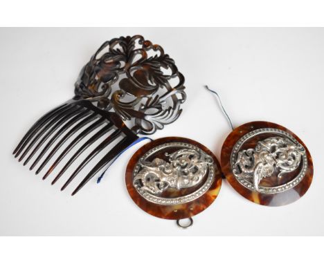 Carved tortoiseshell hair slide or comb together with a tortoiseshell and silver plated belt buckle, length of hair slide, 14