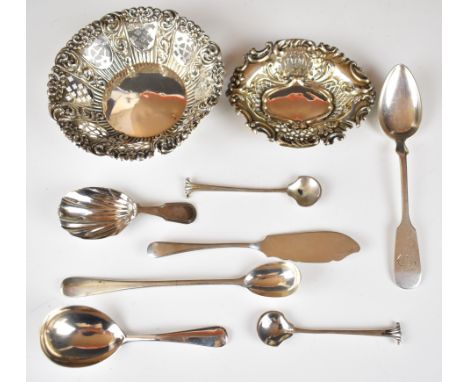 Georgian and later hallmarked silver items including two caddy spoons, one Hanoverian rat tail pattern by Goldsmiths &amp; Si