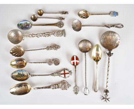 Souvenir silver and other spoons including Chinese Wang Hing, American Sterling example, 800 grade and enamel decorated examp