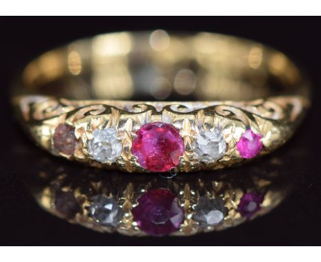 An 18ct gold ring set with two rubies and two diamonds (one ruby missing), London 1923, 3g, size N  